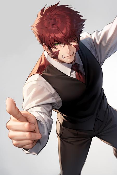 01234-2649560661-masterpiece, best quality,  ,1boy, solo, male focus, green eyes, necktie, red hair, clenched hand, shirt, vest, fang, looking at.png
